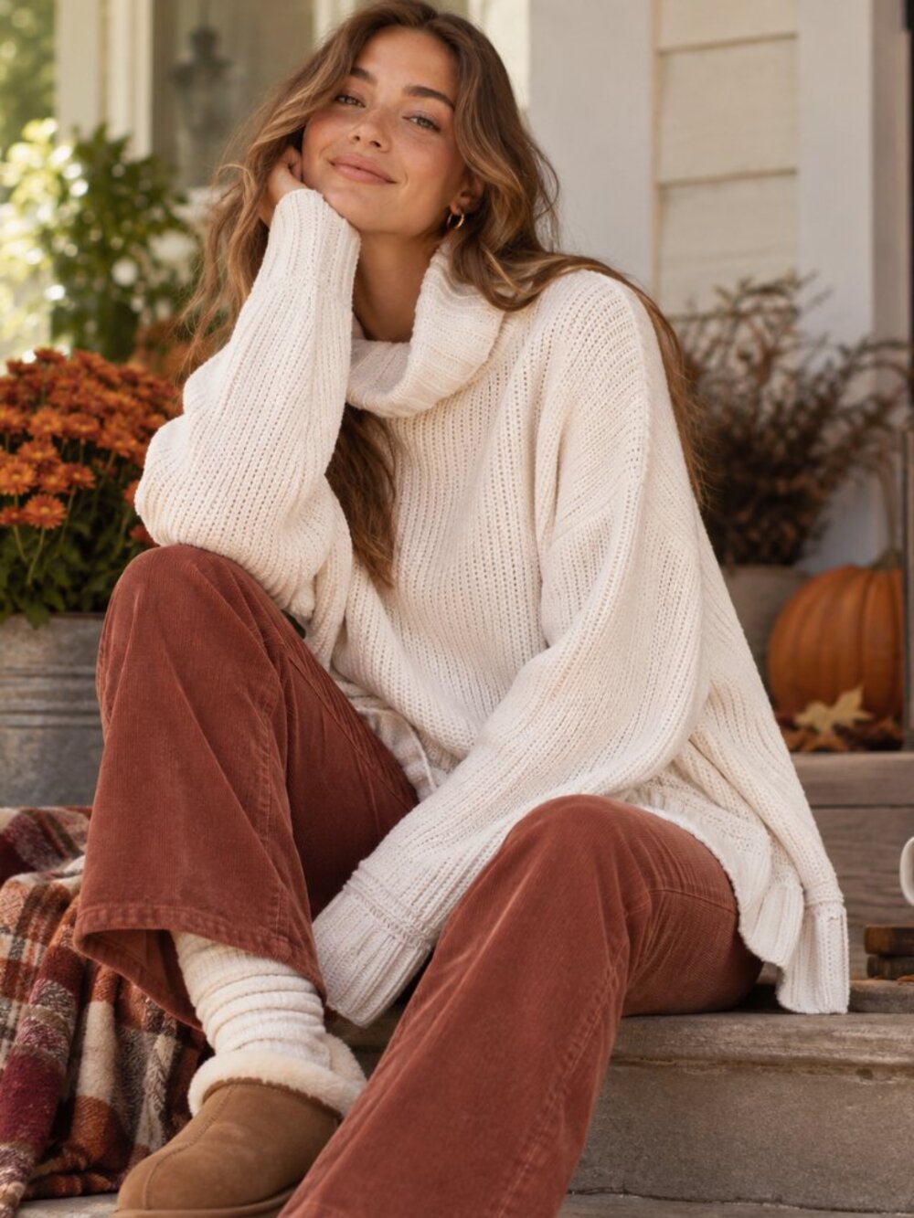 Aerie Sweater Womens M Cream Oversized Turtleneck Chenille Knit Side Slit Tunic